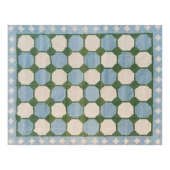 Tapis Dhurrie indien à tissage plat fait à la main, 6 x 9 cm, carreaux bleus et verts