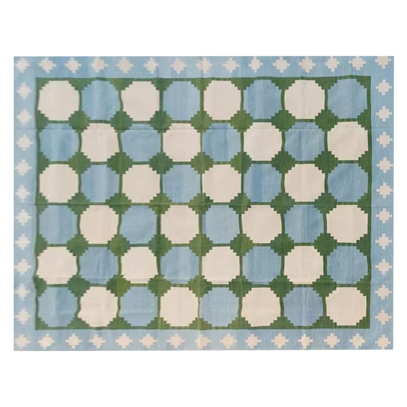 Handgefertigter flacher Teppich aus Baumwolle mit Flachgewebe, 5x8 Blauer und grüner Kachel, indischer Dhurrie-Teppich