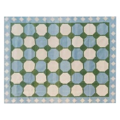 Handgefertigter flacher Teppich aus Baumwolle mit Flachgewebe, 5x8 Blauer und grüner Kachel, indischer Dhurrie-Teppich