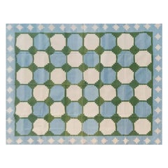 Handgefertigter flacher Teppich aus Baumwolle mit Flachgewebe, 4x6 Blauer und grüner Kachel, indischer Dhurrie-Teppich
