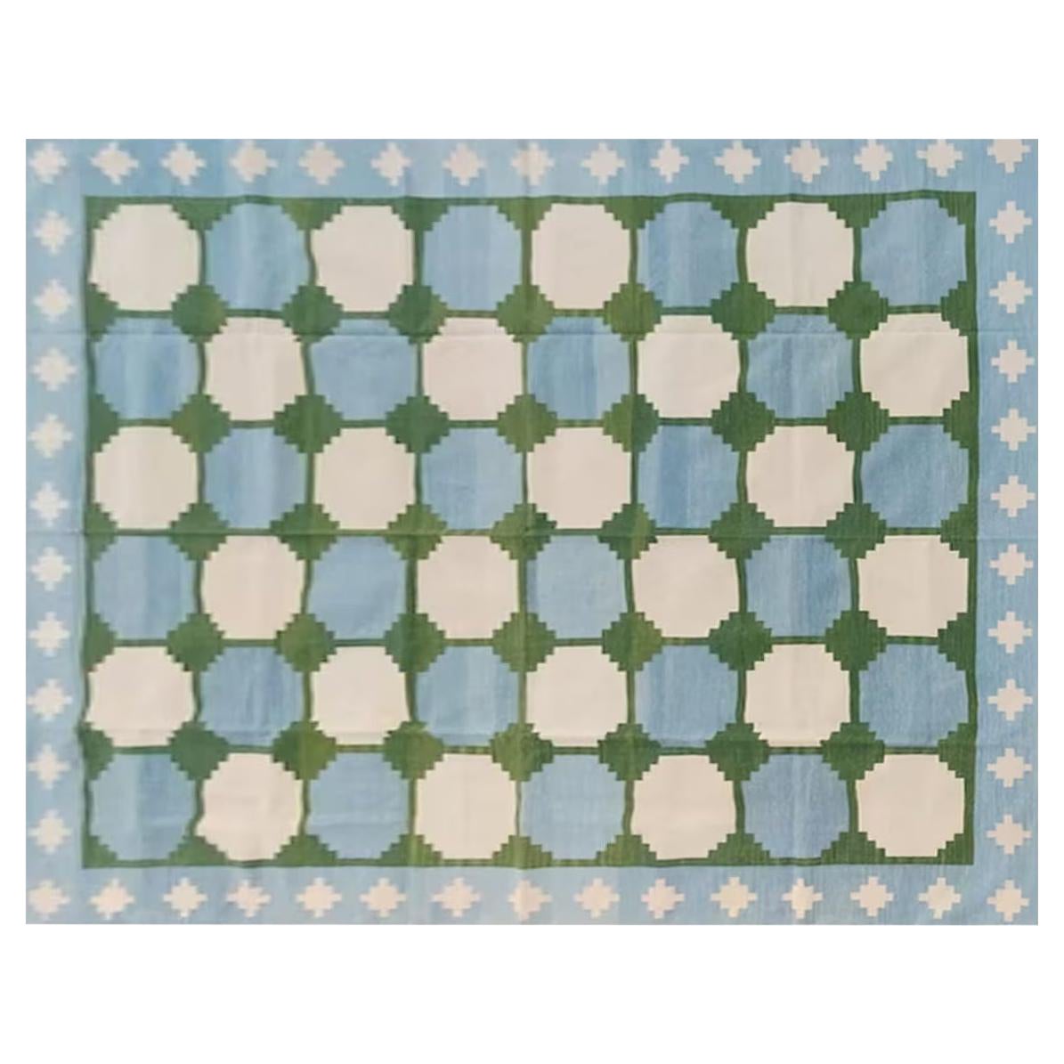 Handmade Cotton Area Flat Weave Rug, 8x10 Green And Blue Tile Indian Dhurrie Rug For Sale