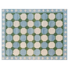 Handgefertigter Flachgeweber Baumwollteppich, 8x10 Grüner und blauer indischer Dhurrie-Teppich mit Kacheln