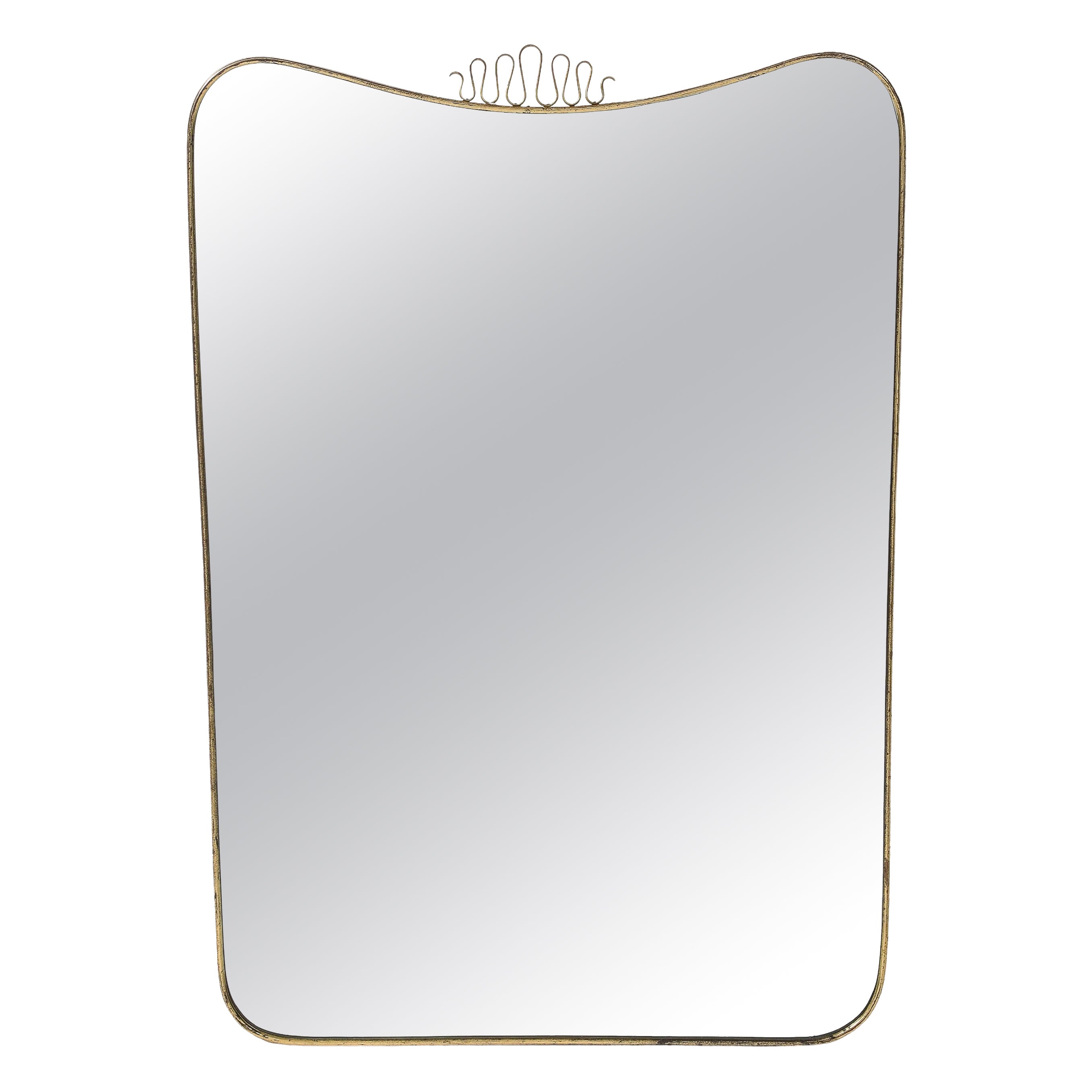 Midcentury Italian Modernist Scroll Top Brass Mirror in the Style of Gio Ponti For Sale