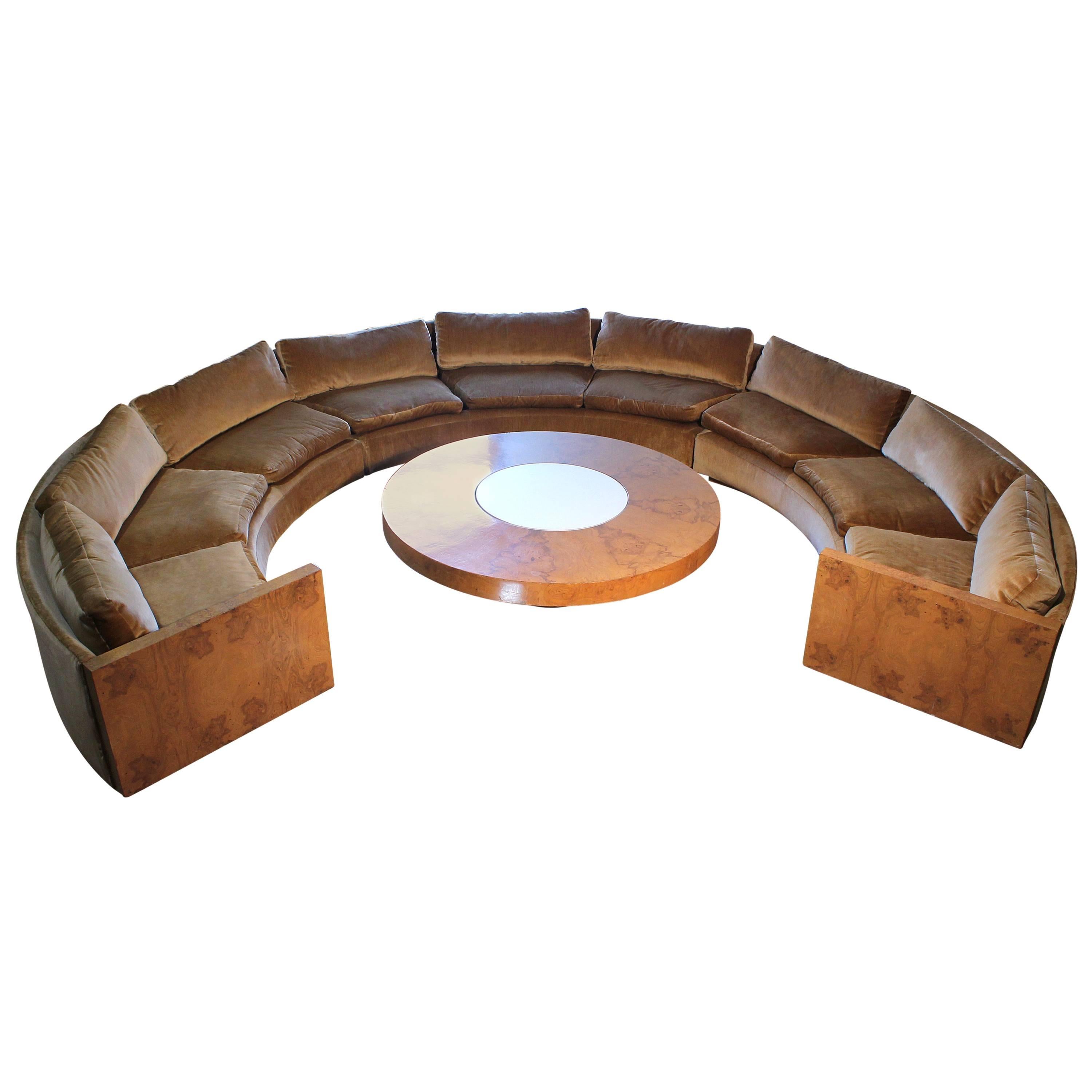 Vintage Milo Baughman Burled Curve Circle Sofa and Coffee Table