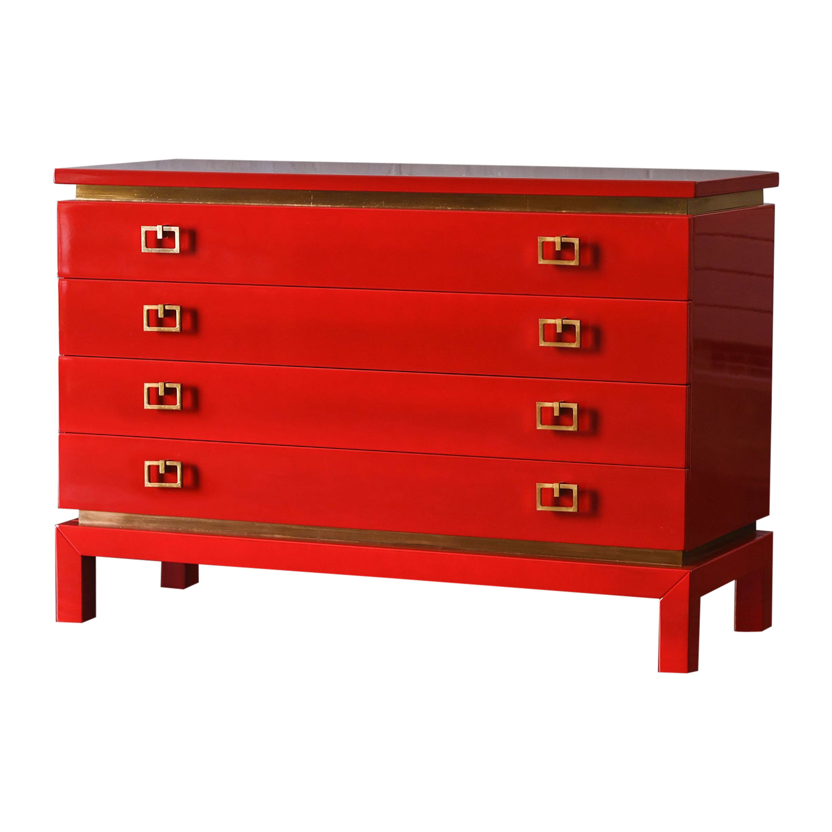 China Red Chest Of Drawers With Brass Details From The 1970s – Lacquered Series For Sale