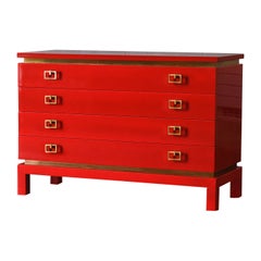 Retro China Red Chest Of Drawers With Brass Details From The 1970s – Lacquered Series
