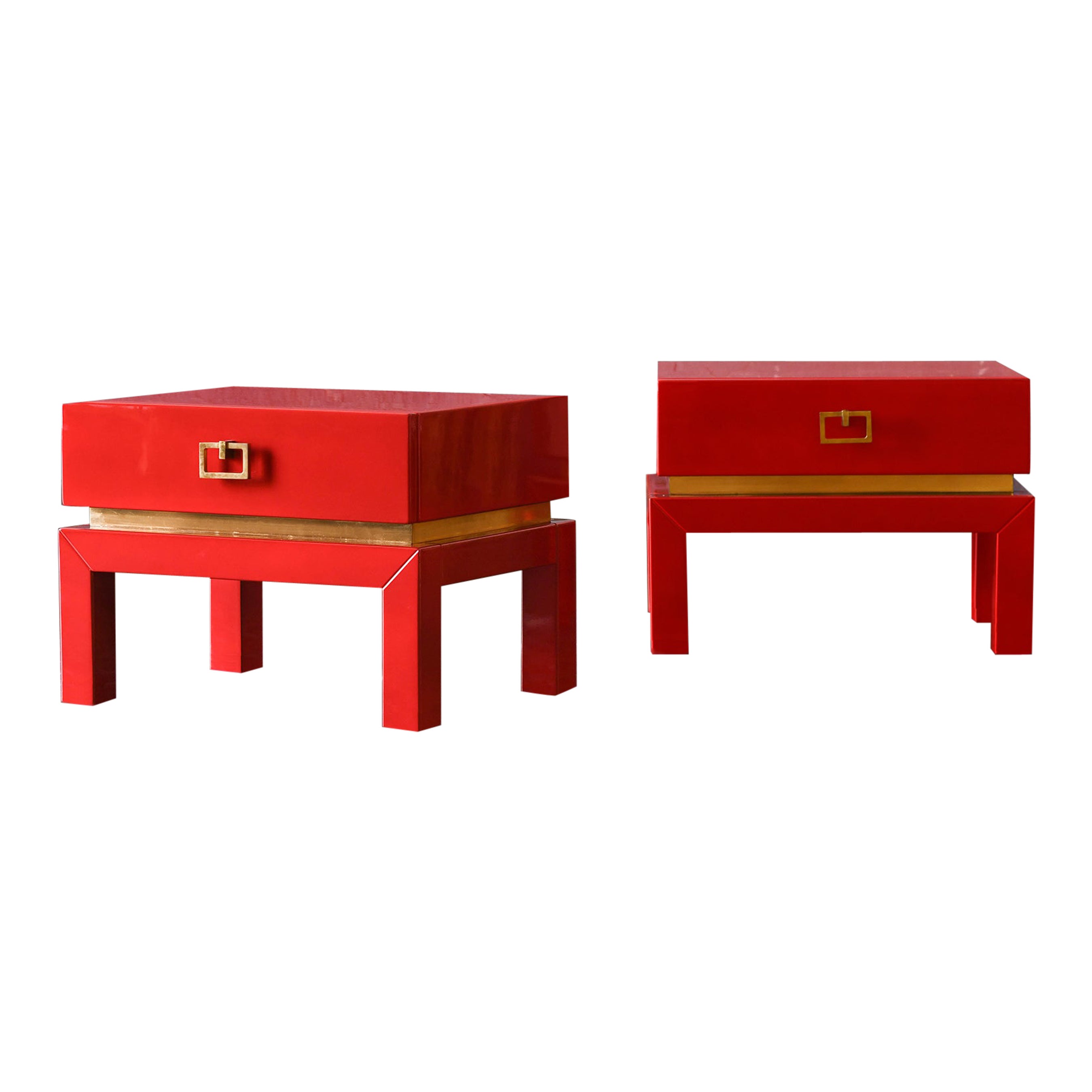 Pair of china red bedside tables with brass details from the 1970s  For Sale