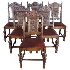 6 Antique Jacobean Spanish Revival Carved Oak Leather Dining Chairs