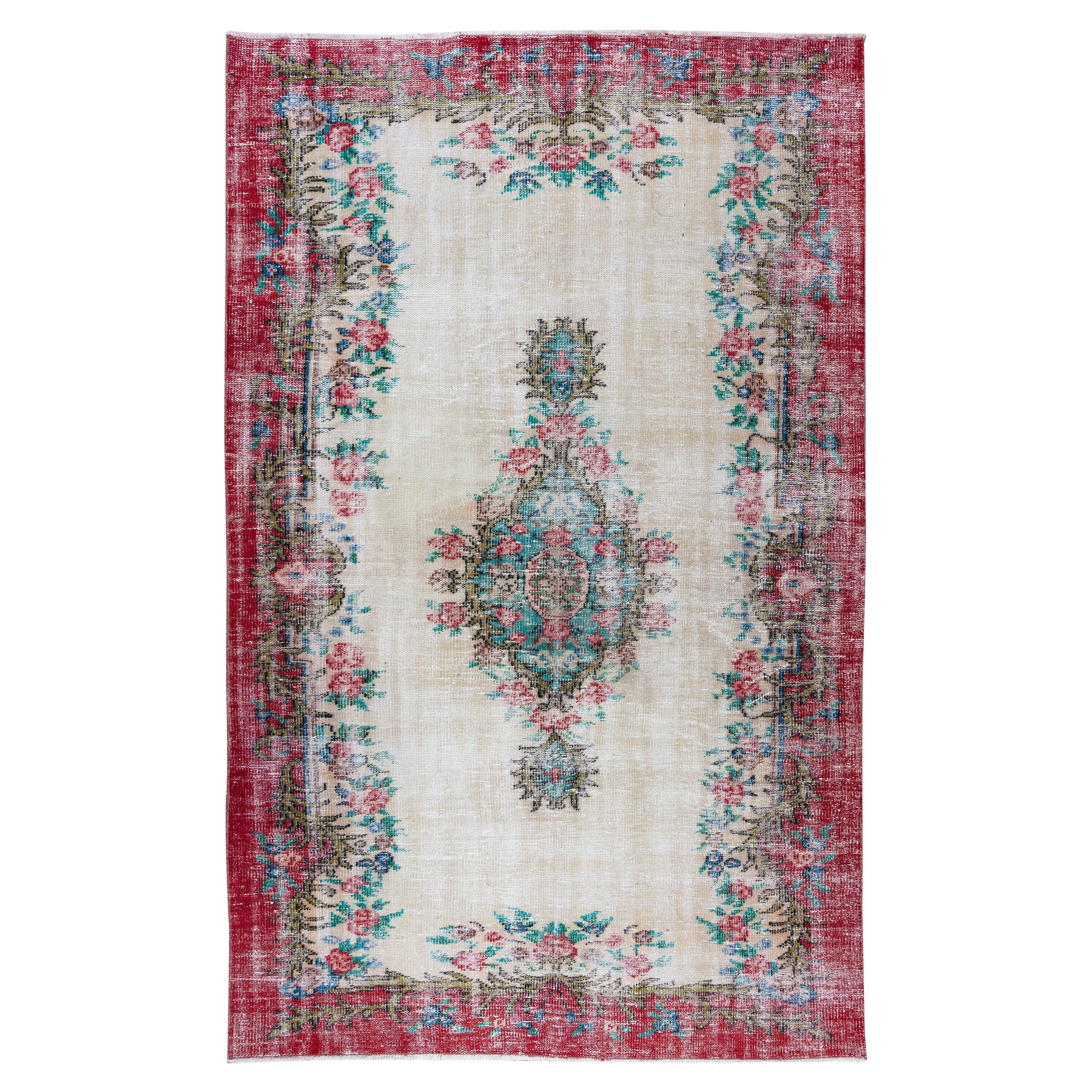5.6x8.8 Ft Handgefertigter türkischer Teppich mit Rosen, Vintage-Teppich im Blumenmuster mit Blumenmuster