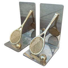 Used Cast Brass Double Tennis Racket Bookends, Pair