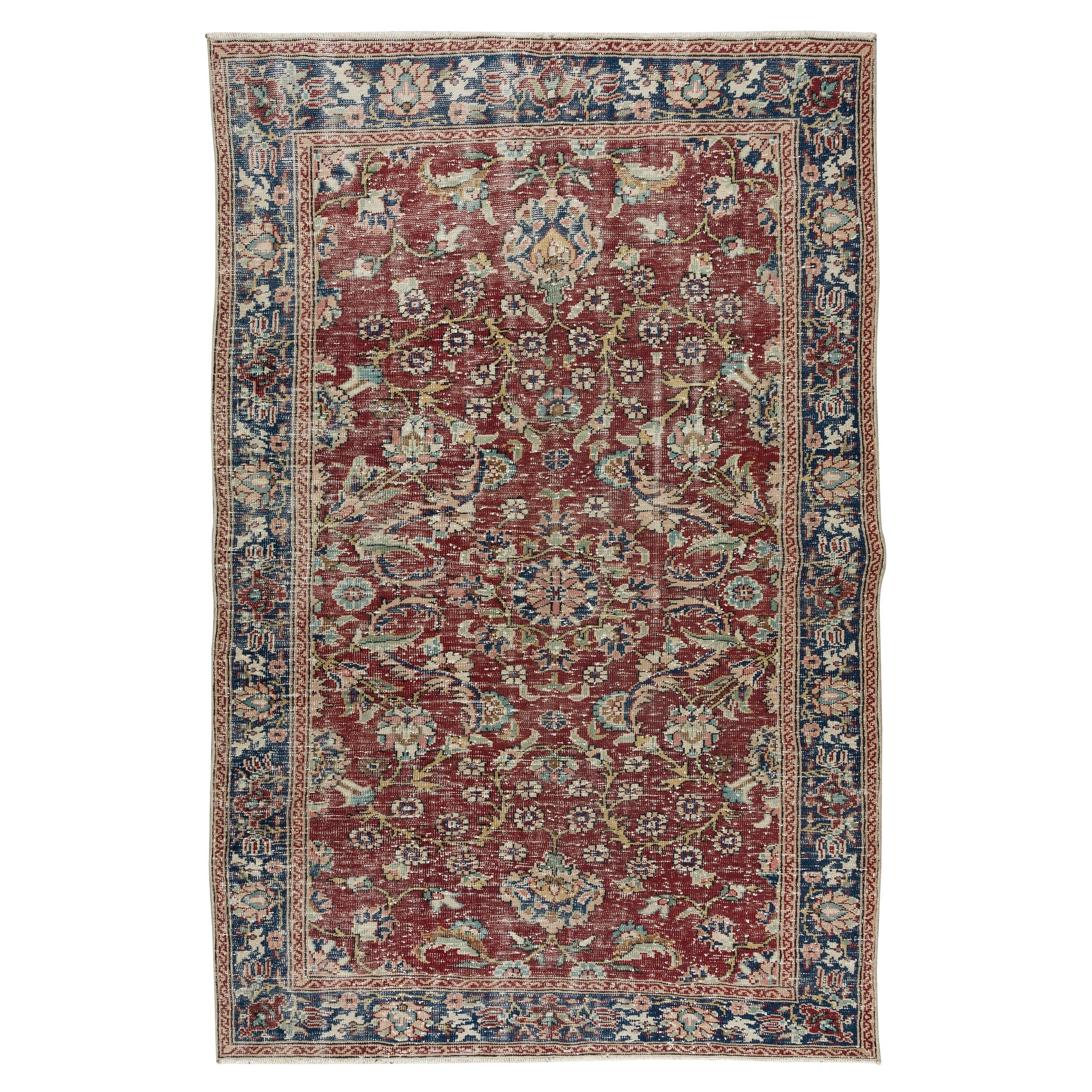 5.8x9 ft Handmade Turkish Rug with Flower Design, Traditional Carpet in Red For Sale