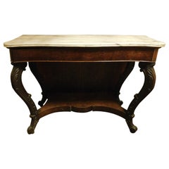 Console table in solid walnut wood, white marble top, Genoa (Italy)