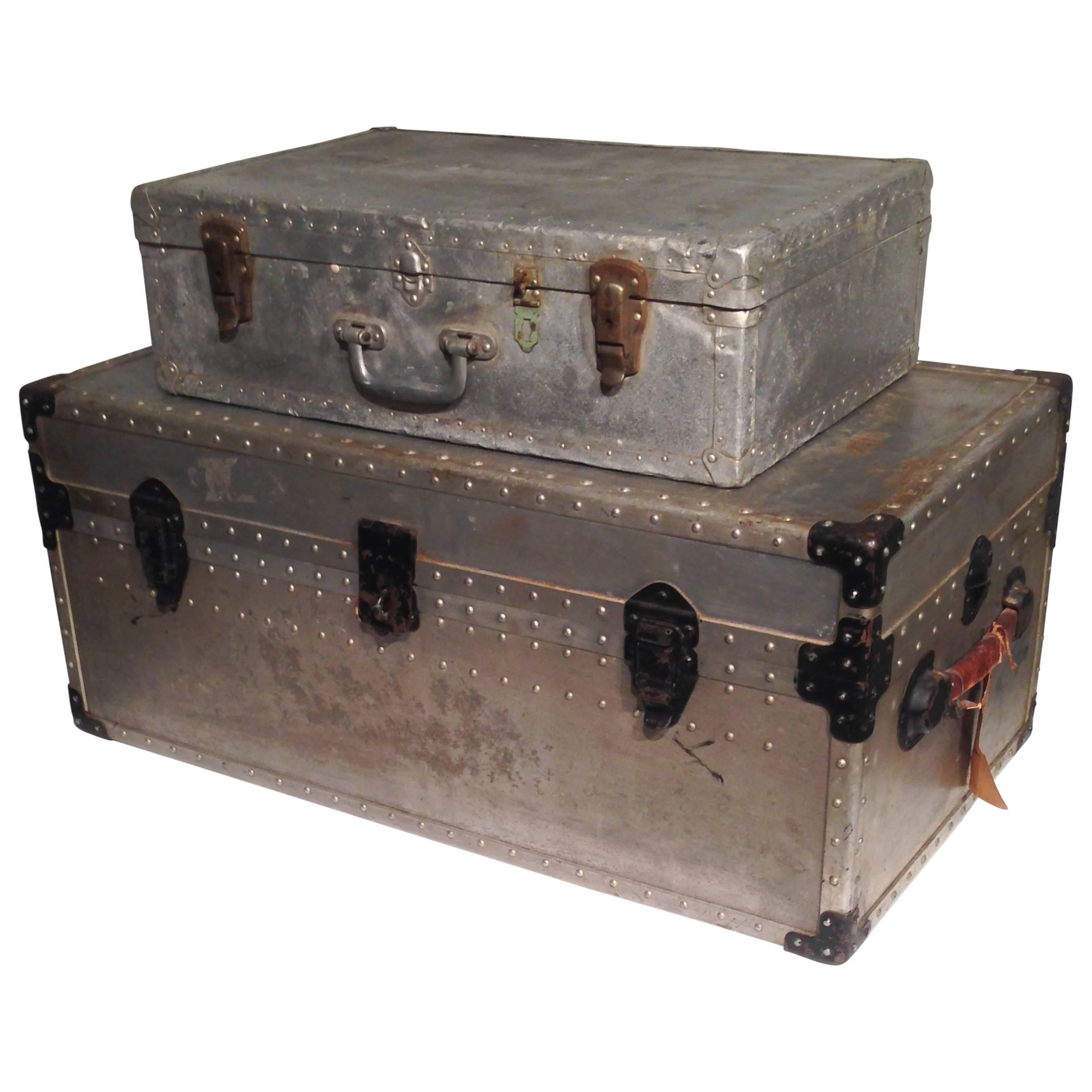 Early 20th Century Aluminum Travel Set: Trunk and Carrying Case For Sale