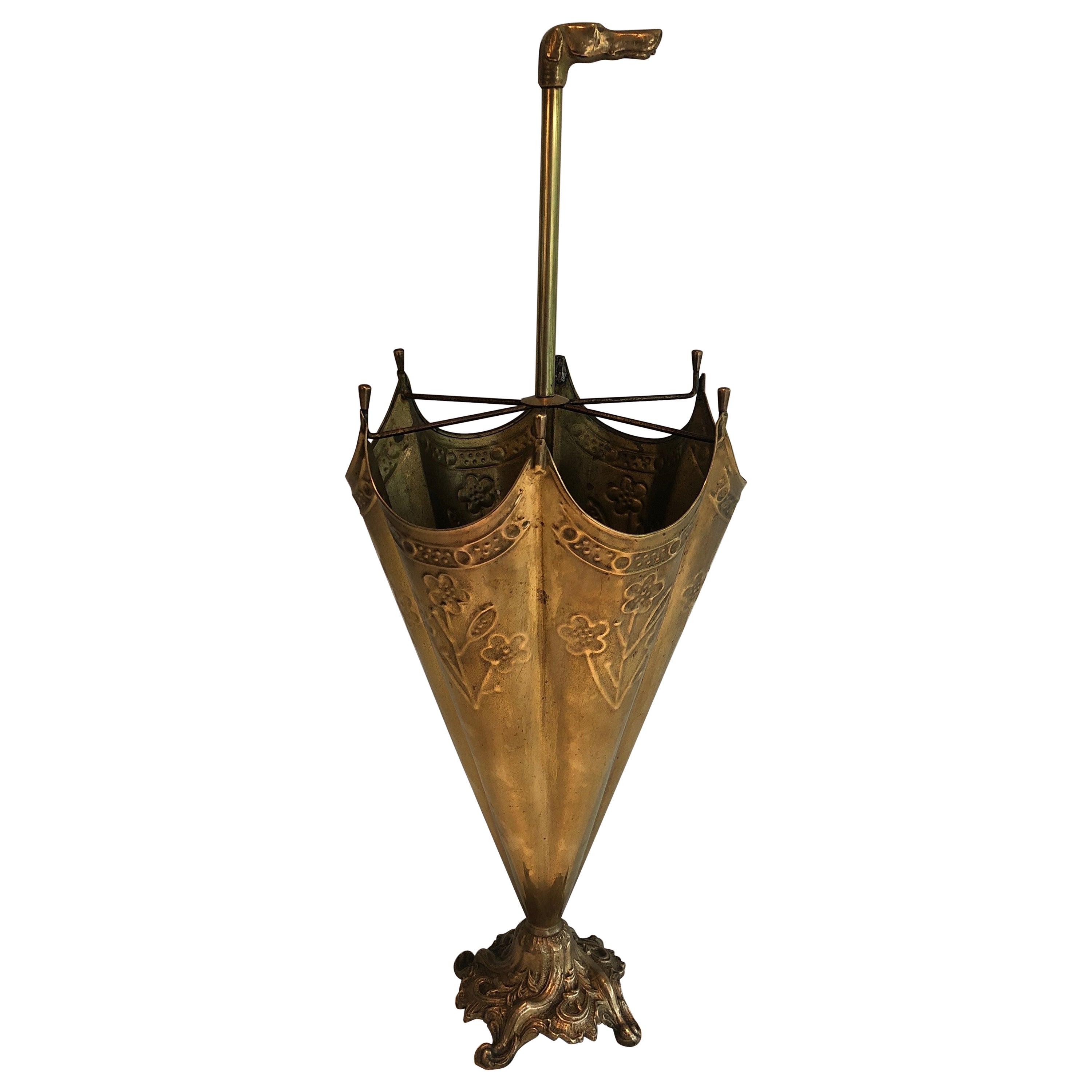 Brass Umbrella Stand Representing a Dog's Head Umbrella