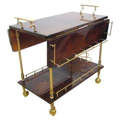 Aldo Tura Lacquered Goatskin and Polished Brass Expandable Rolling Bar Cart 