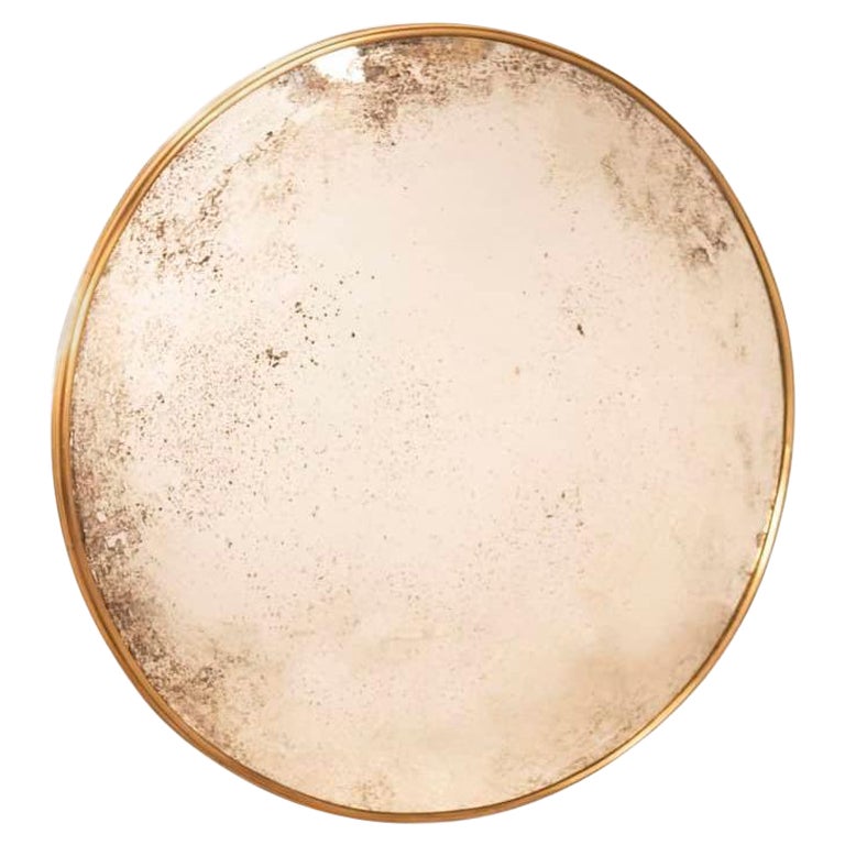 Round Convex Mirror Diam 93 cm Brass Frame For Sale