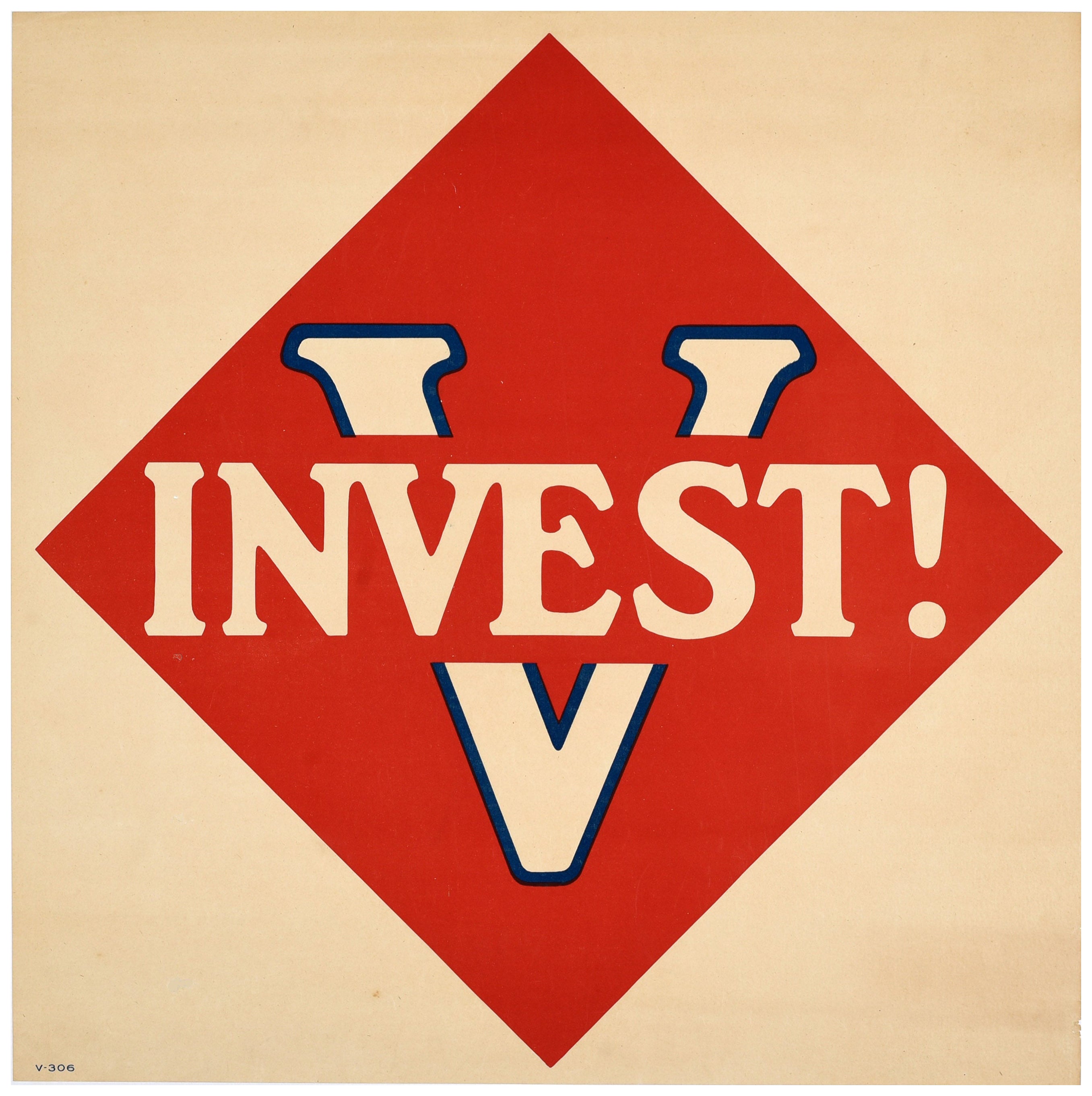 Original Antique World War One War Loan Bond Poster Invest WWI Victory USA