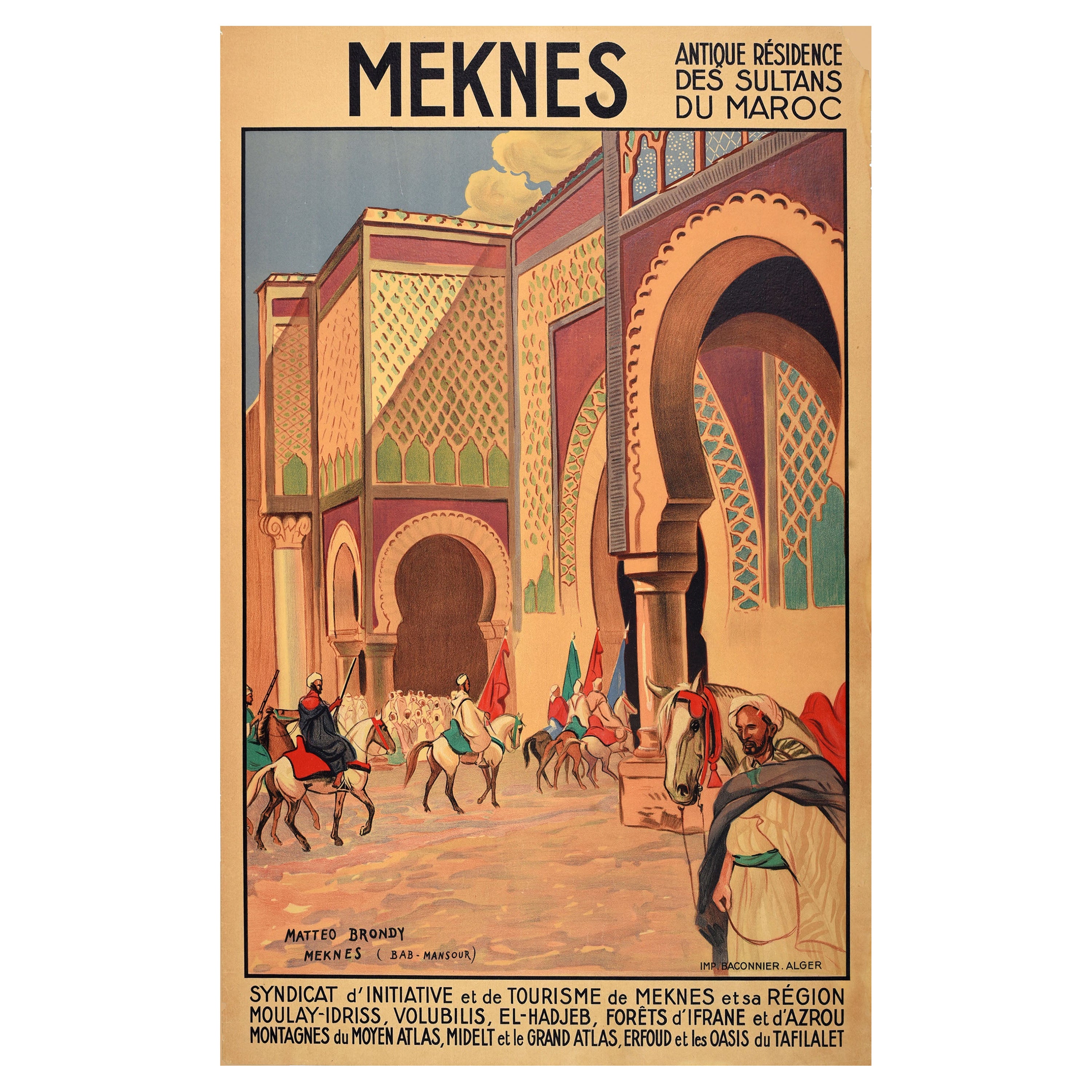 Original Antique North Africa Travel Poster Meknes Morocco Bab Mansour Brondy For Sale