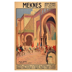 Affiche de voyage originale ancienne d'Afrique du Nord Meknes Maroc Bab Mansour en bronze