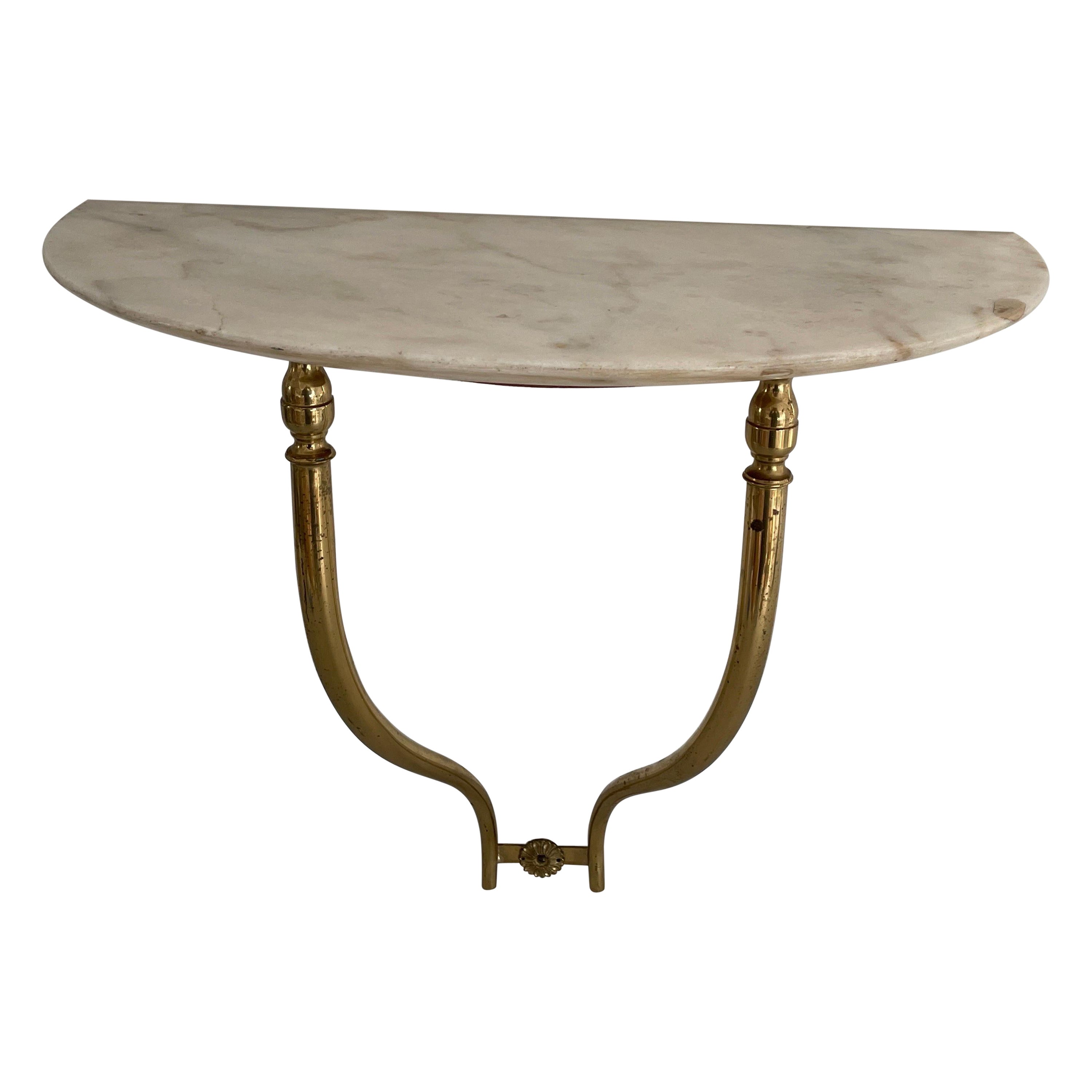 Mid-Century Brass and Marble Top Floating Wall Console Table, 1950s, Italy For Sale