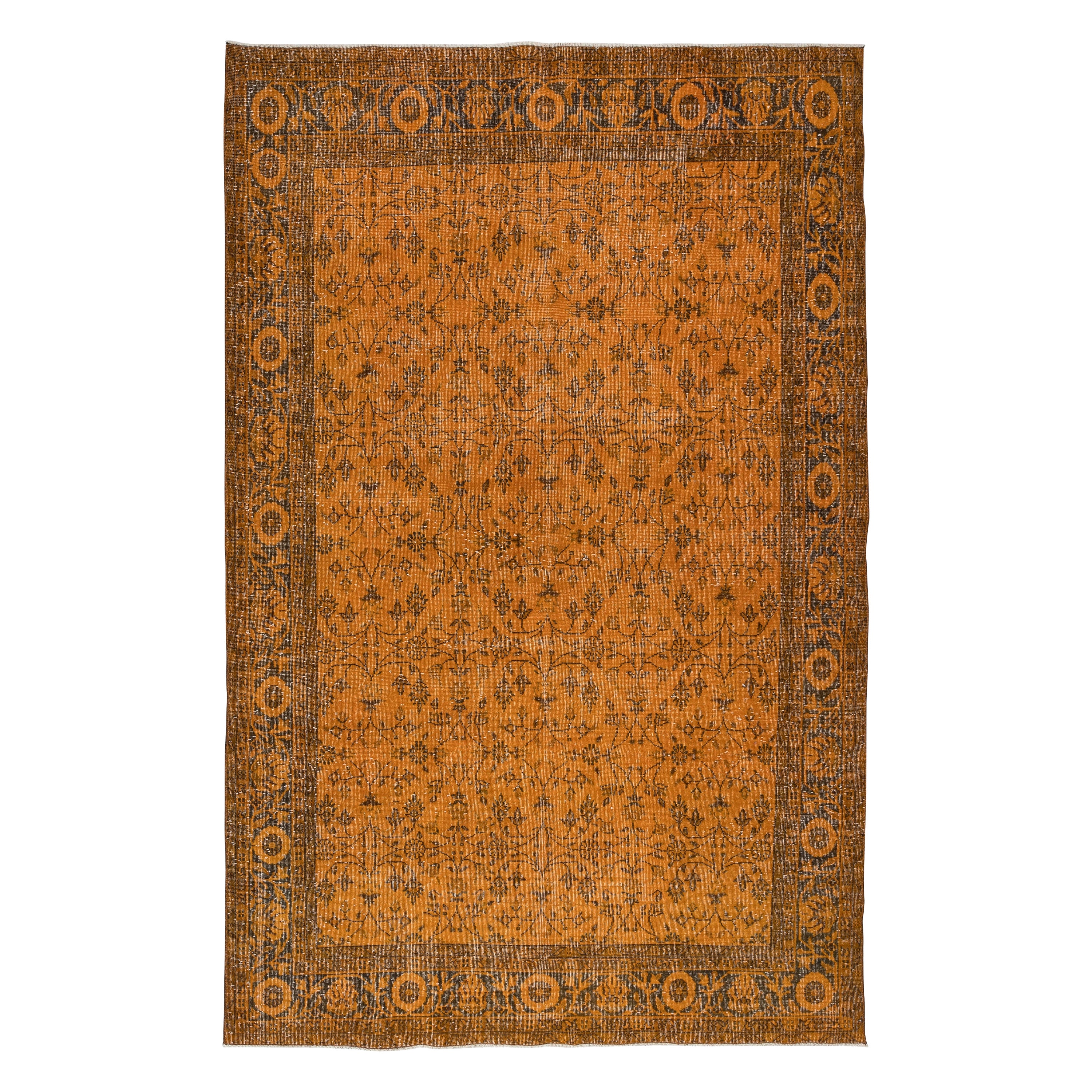 6.7x10.5 Ft Handmade Rug with All-Over Botanical Design, Orange Turkish Carpet For Sale