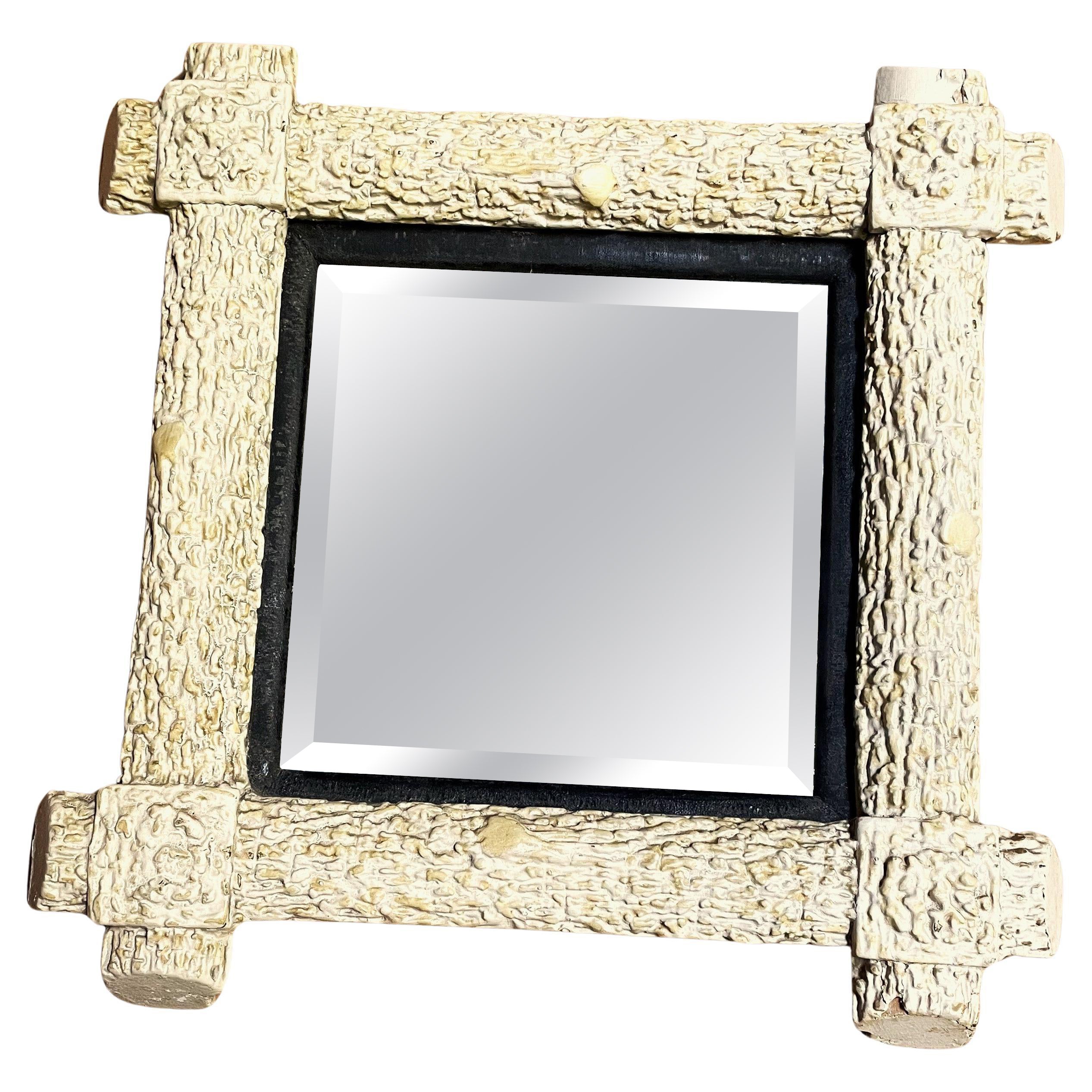 White Painted Faux Bois Rustic Crossed Corner 18" Wall Mirror For Sale