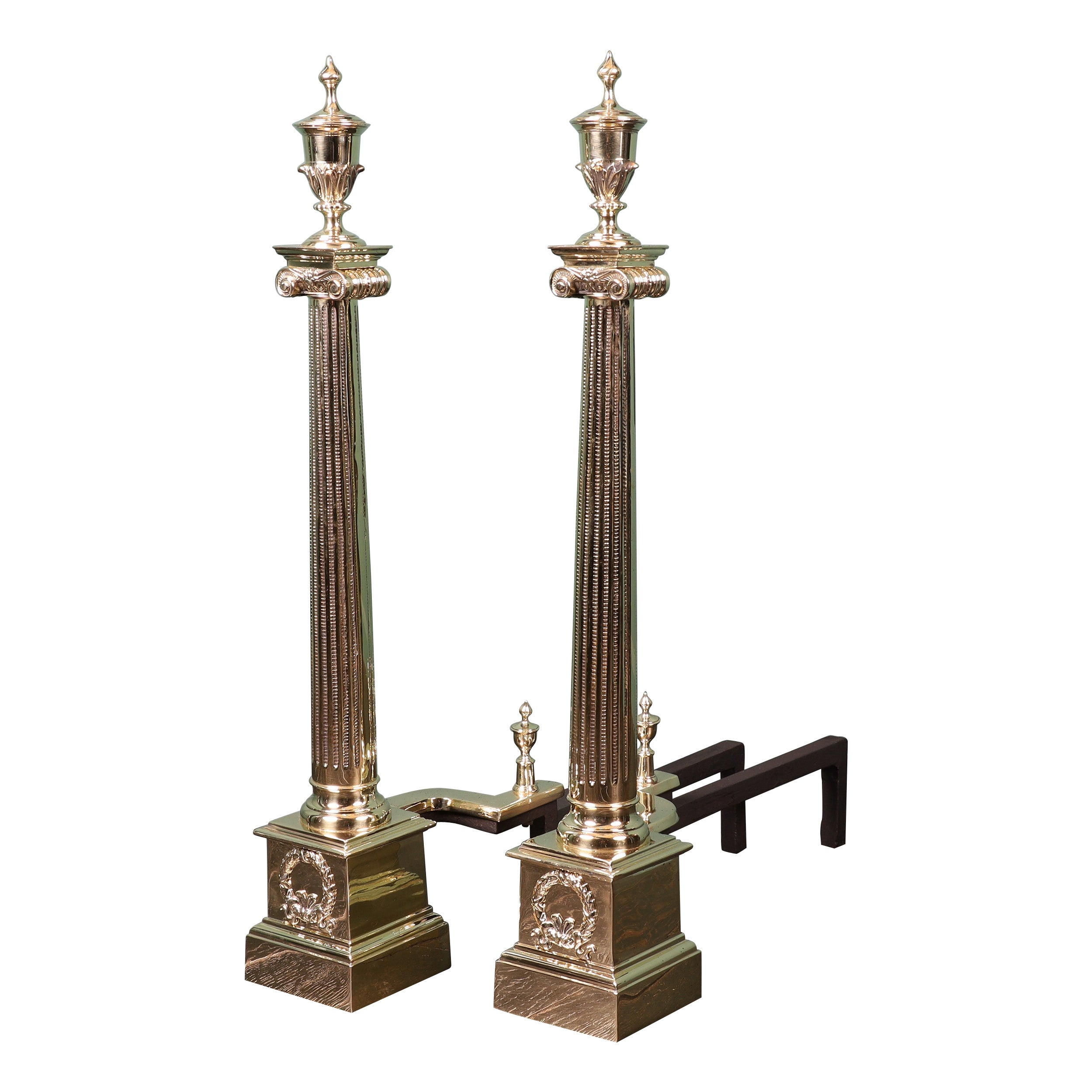 A Pair of 19th Century Neo-Classical Brass Fireplace Andirons