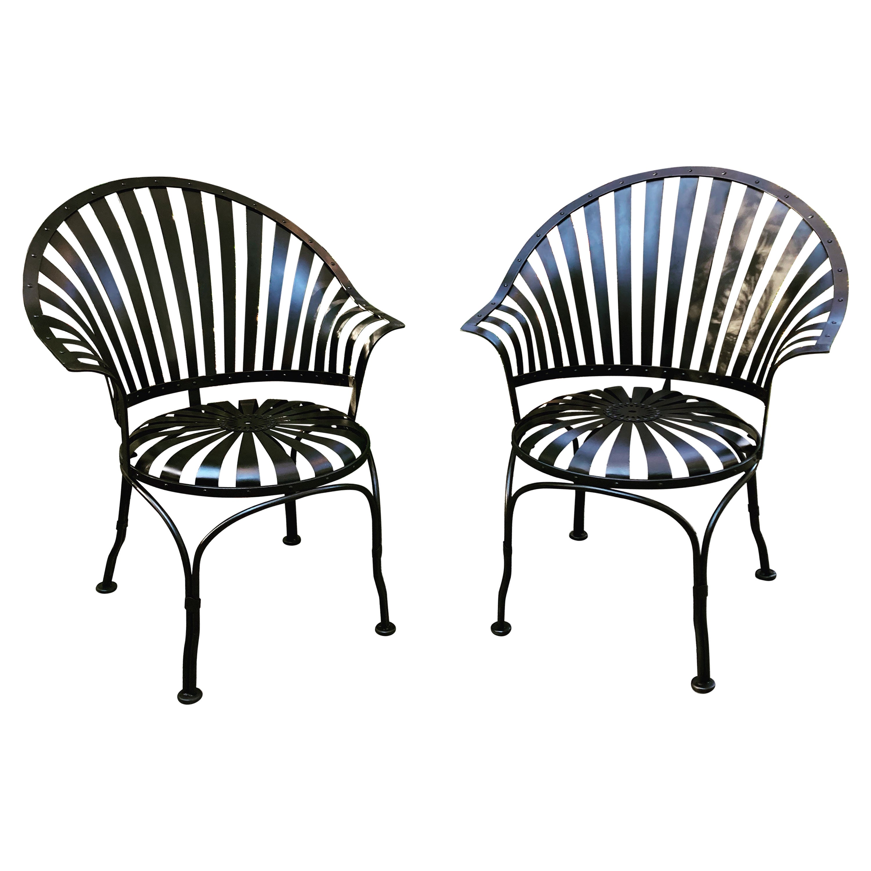 francois carre fan-back iron garden chairs - a pair For Sale