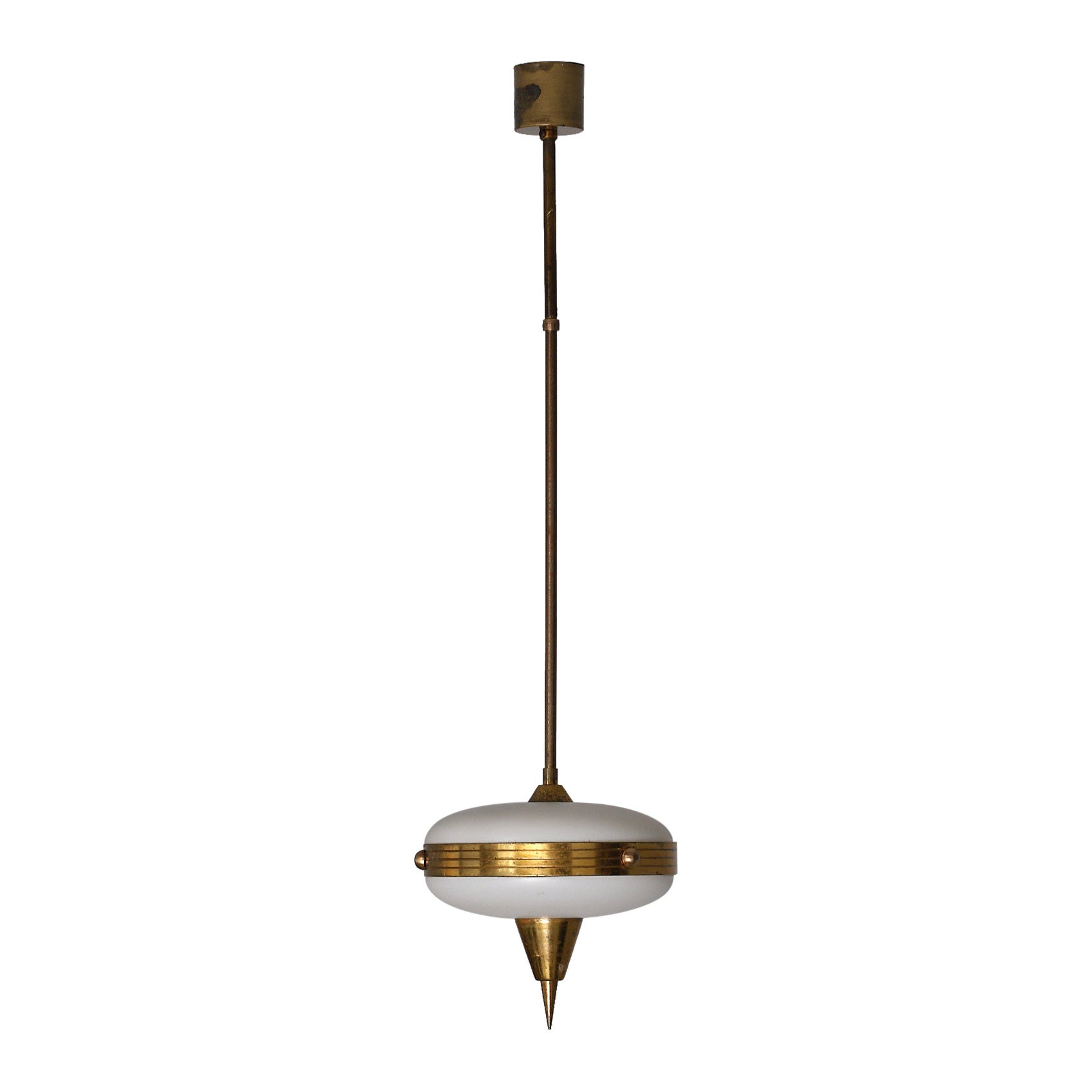 Petite Italian Brass and Opaline Pendant Lamp – 1950s Modernist For Sale