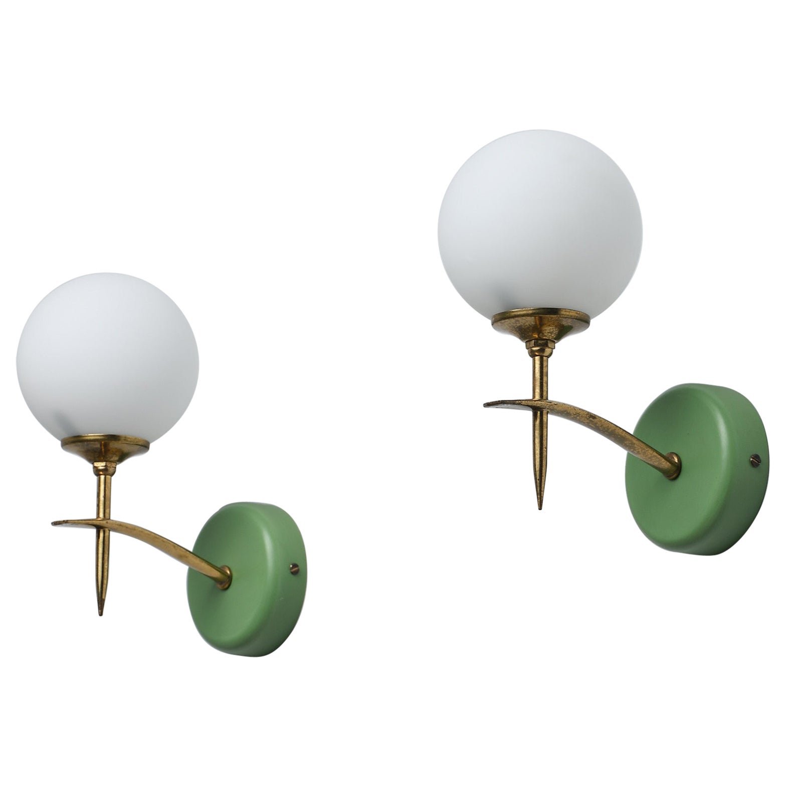 Mid-Century Modern Italian Wall Sconces with Opaline Glass and Green Brass Mount For Sale