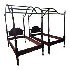 Vintage Pair of Sheraton Style High Poster Mahogany Canopy Twin Beds