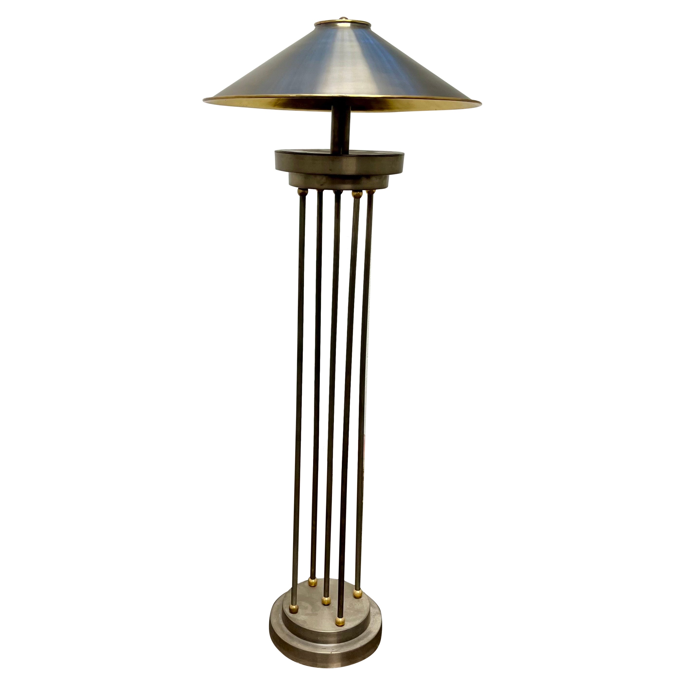 Vintage Postmodern Brushed Steel and Brass Column Floor Lamp Metal Shade For Sale