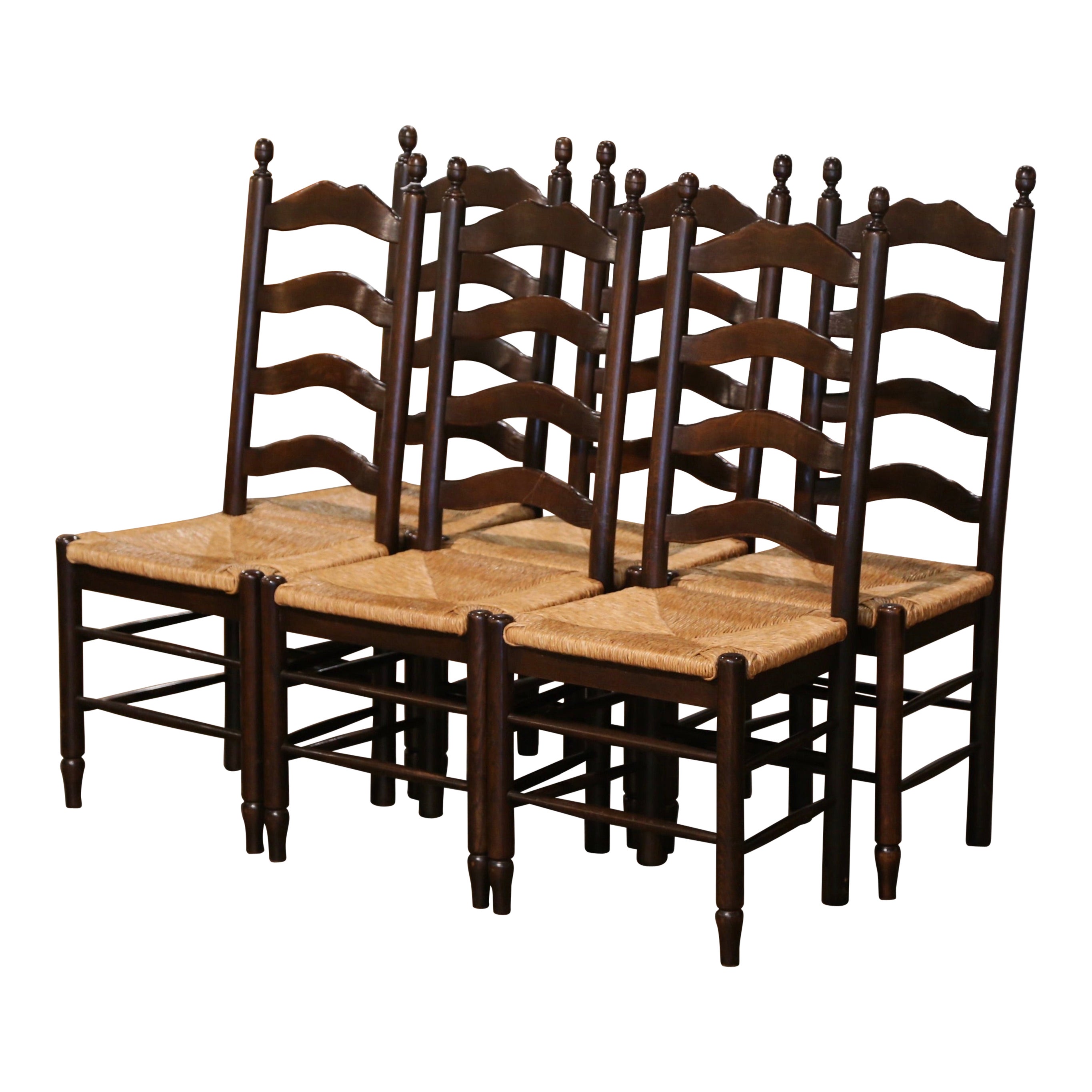 Country French Carved Oak Ladder Back Chairs with Rush Seat, Set of Six For Sale