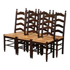 Country French Carved Oak Ladder Back Chairs with Rush Seat, Set of Six