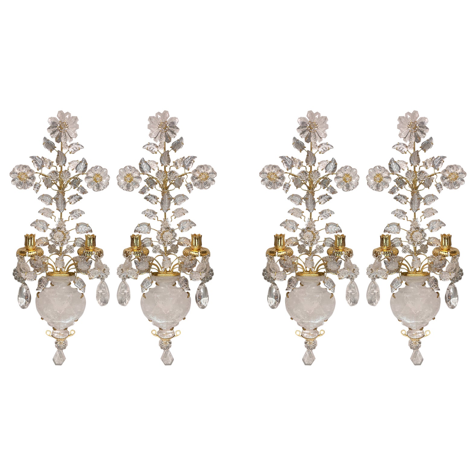 Set aus vier Bergkristall-Wandleuchtern mit zwei Lichtern, Bouquet