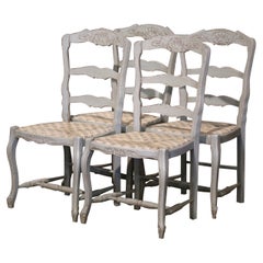  Louis XV French Carved Painted Beech Rush Seat Ladder Back Chairs, Set of 4 