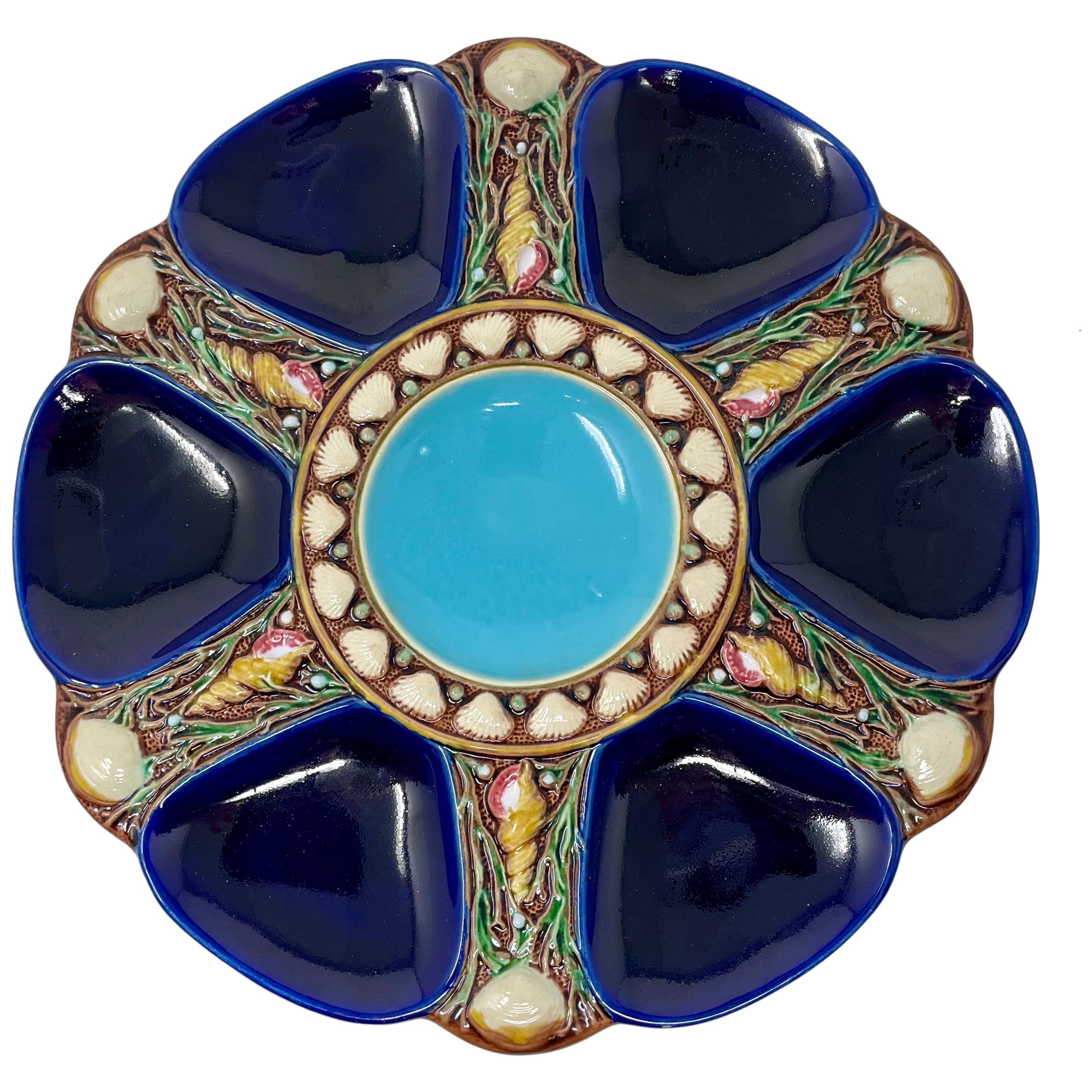 Antique English "Mintons" Majolica Cobalt & Seafoam Green Oyster Plate, Ca. 1875 For Sale