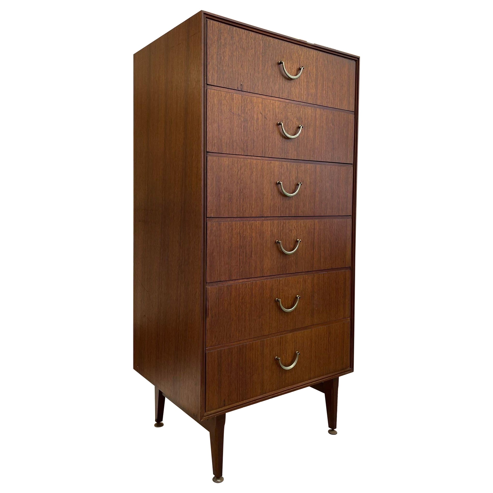 Vintage Mid Century Modern Tall Chest of Drawers Dresser by Meredew Uk Import. For Sale