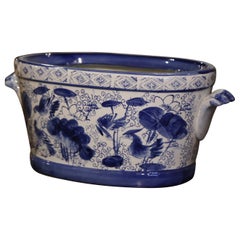 Asiatische blau-weiß bemalte Porzellan-Fuß-Badschale des 20. Jahrhunderts