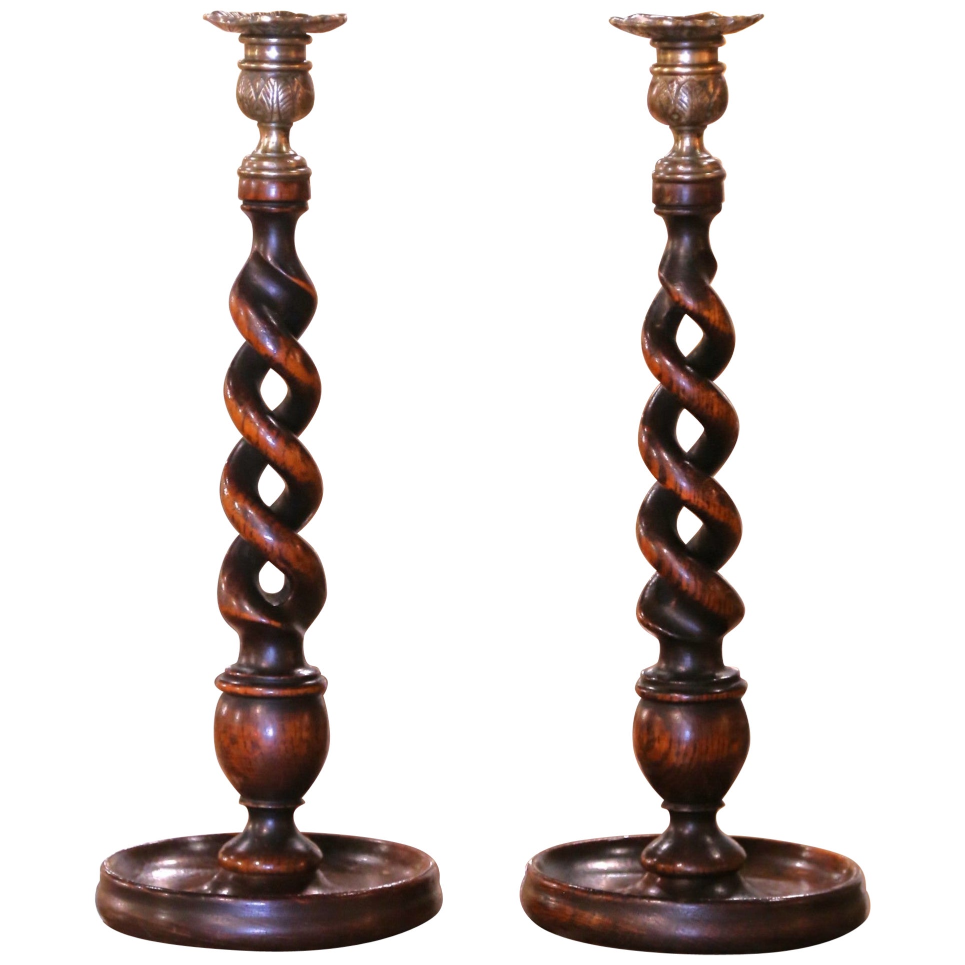 Pair of 1920's English Carved Oak Barley Twist Candlesticks with Brass Finials