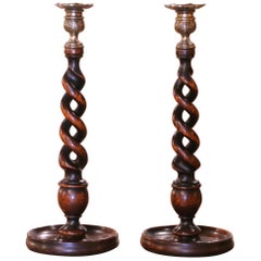 Pair of 1920's English Carved Oak Barley Twist Candlesticks with Brass Finials