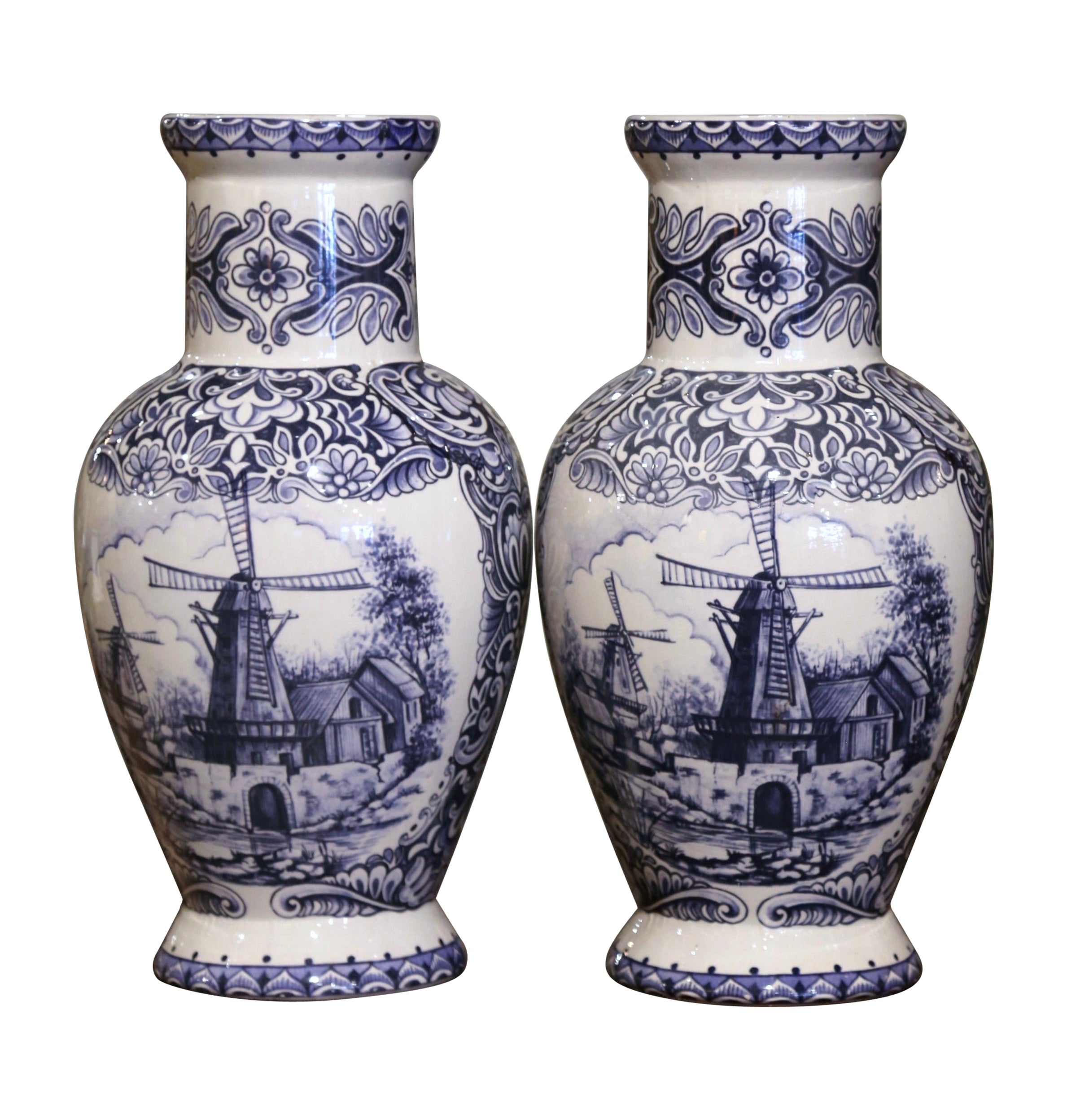 Pair of Early 20th Century Dutch Blue and White Hand Painted Faience Delft Vases