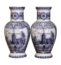 Antique Pair of Early 20th Century Dutch Blue and White Hand Painted Faience Delft Vases