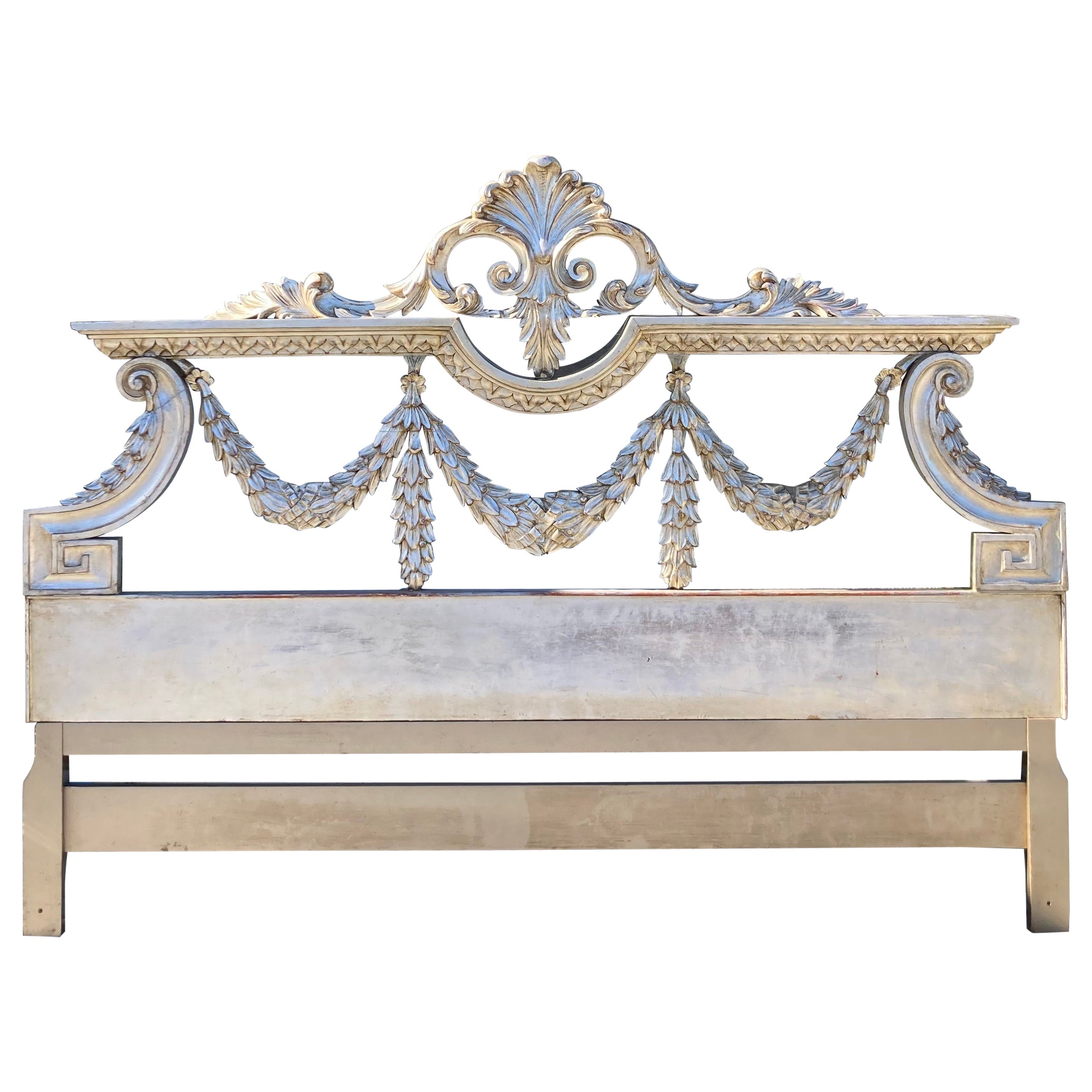 Hollywood Regency King Size Headboard Hand Carved and Silverleafed For Sale