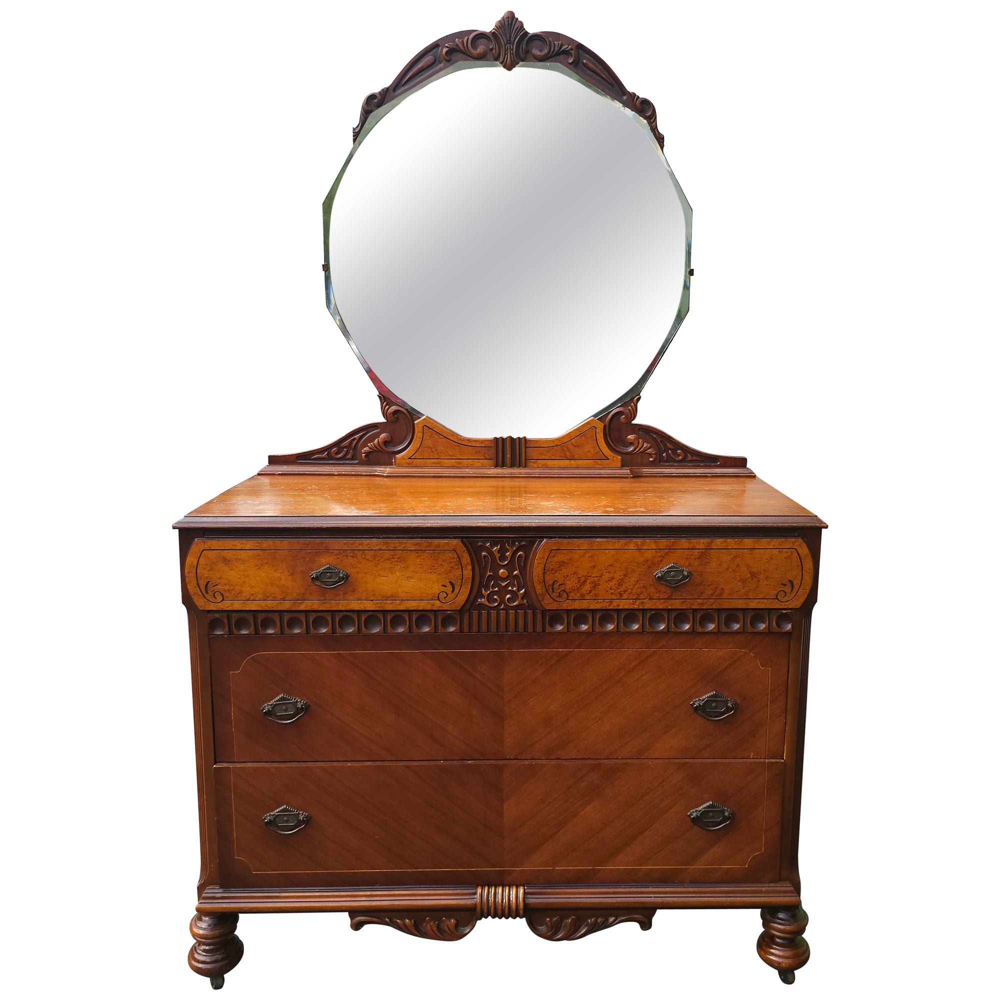 Early 20th Century Art Deco Chest Mahogany and Walnut Chest of Drawers w. Mirror For Sale