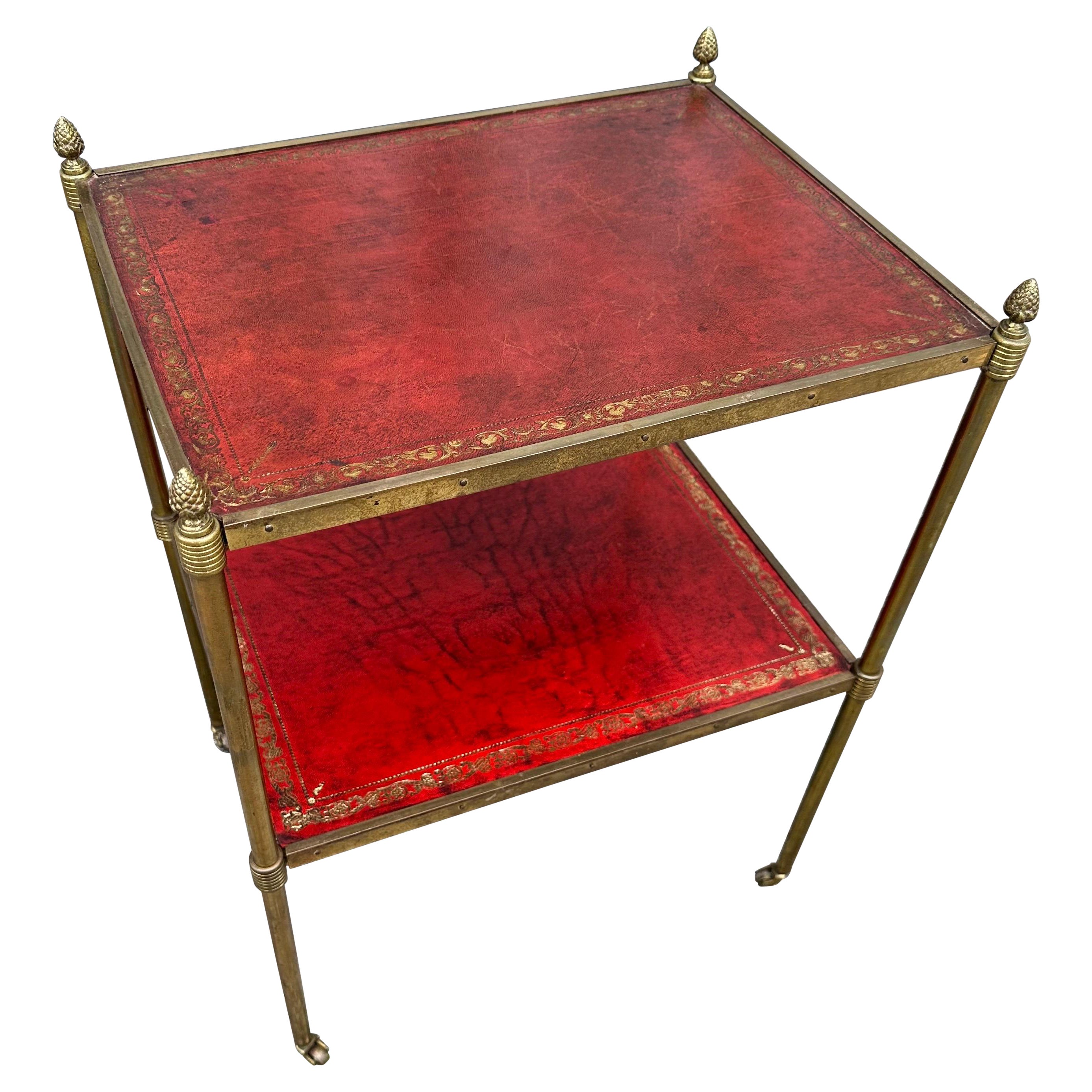 Maison Jansen 2 tier Leather and Brass coffee Table For Sale