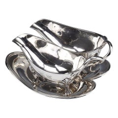 Goldsmith Odiot - Double Sauceboat On Tray In Sterling Silver Late Nineteenth