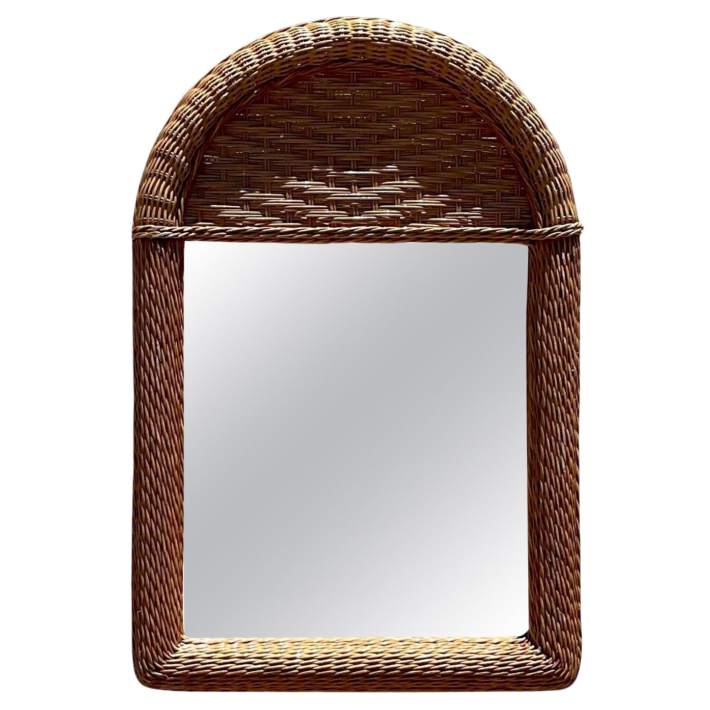Vintage Coastal Woven Rattan Arched Mirror For Sale