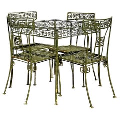 Vintage Coastal Greek Key Wrought Iron Dining Table & 4 Chairs