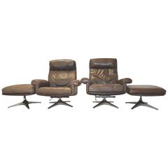 Pair of De Sede DS 31 High Back Lounge Club Chairs with Ottomans